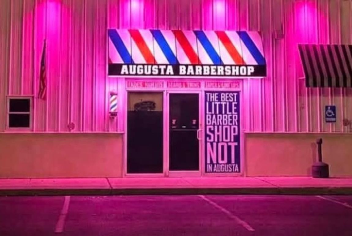 Augusta Barbershop lit magenta