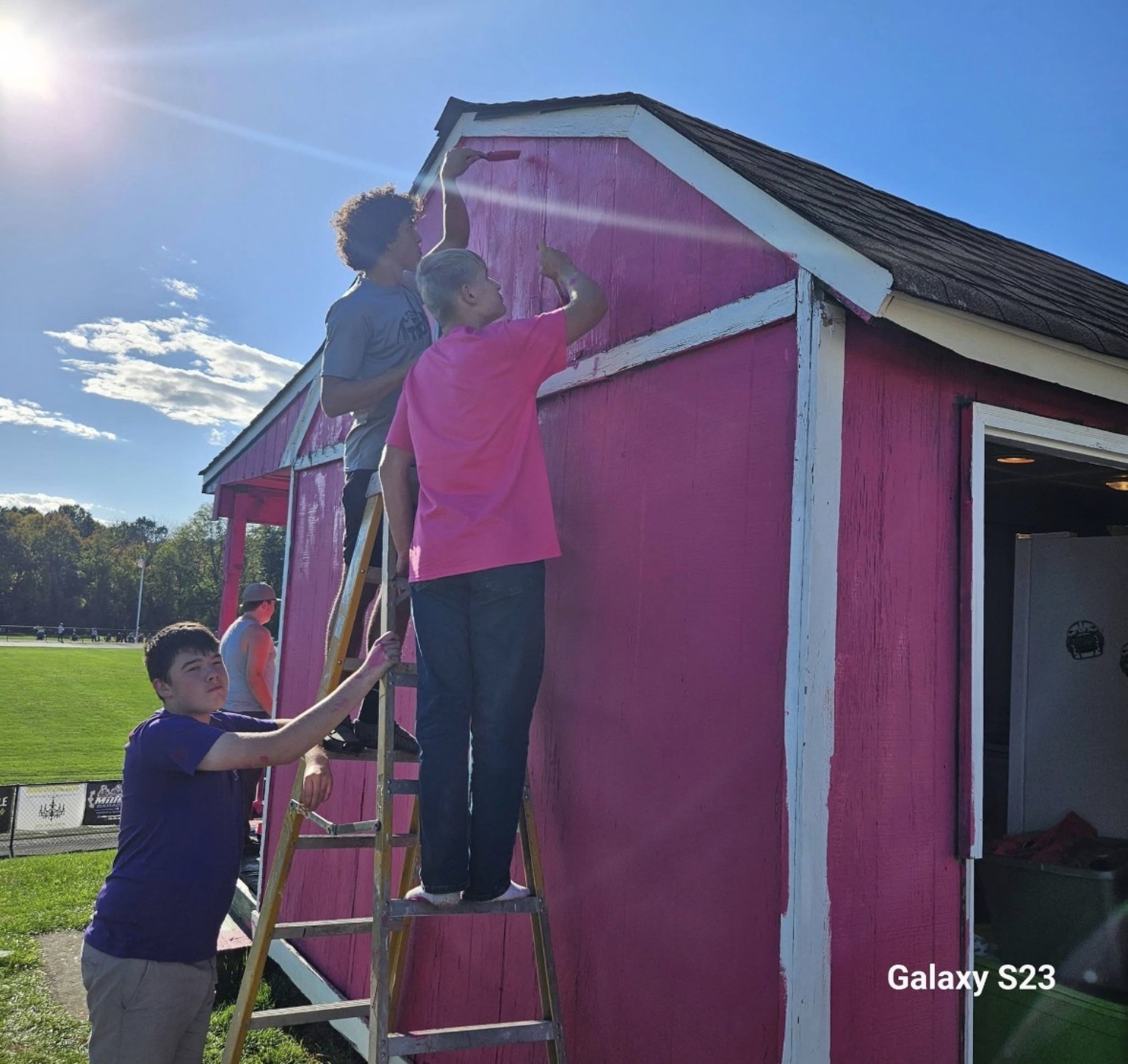 Players working together to paint the building trim